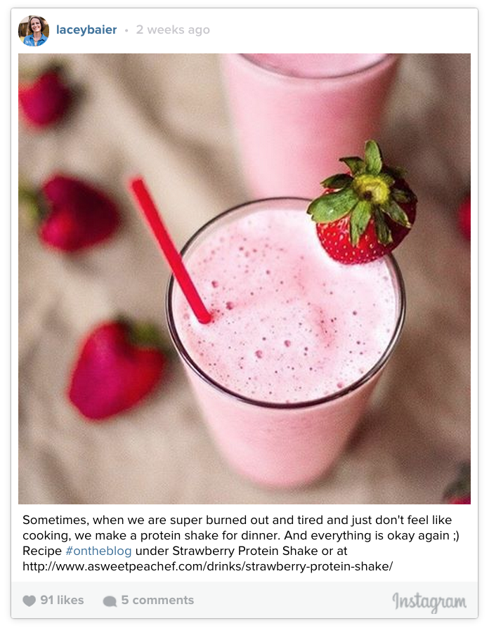 Lacey Baier Instagram post of strawberry protein shake