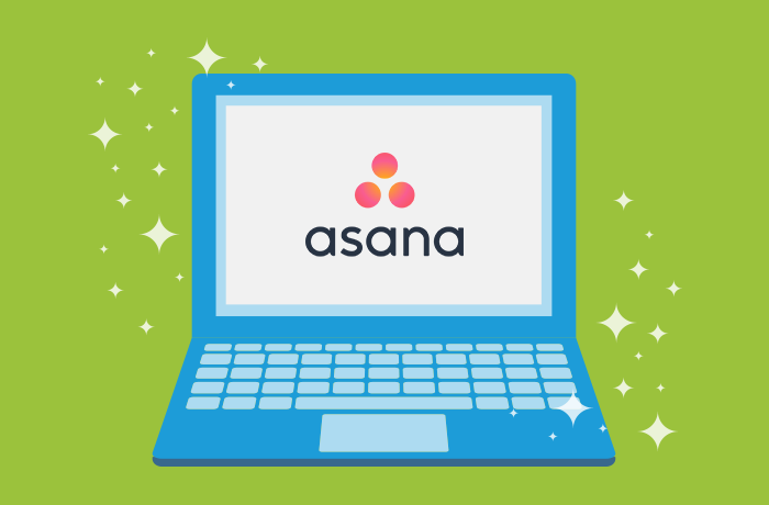 Graphic of blue laptop in front of a green background with the Asana logo on the screen