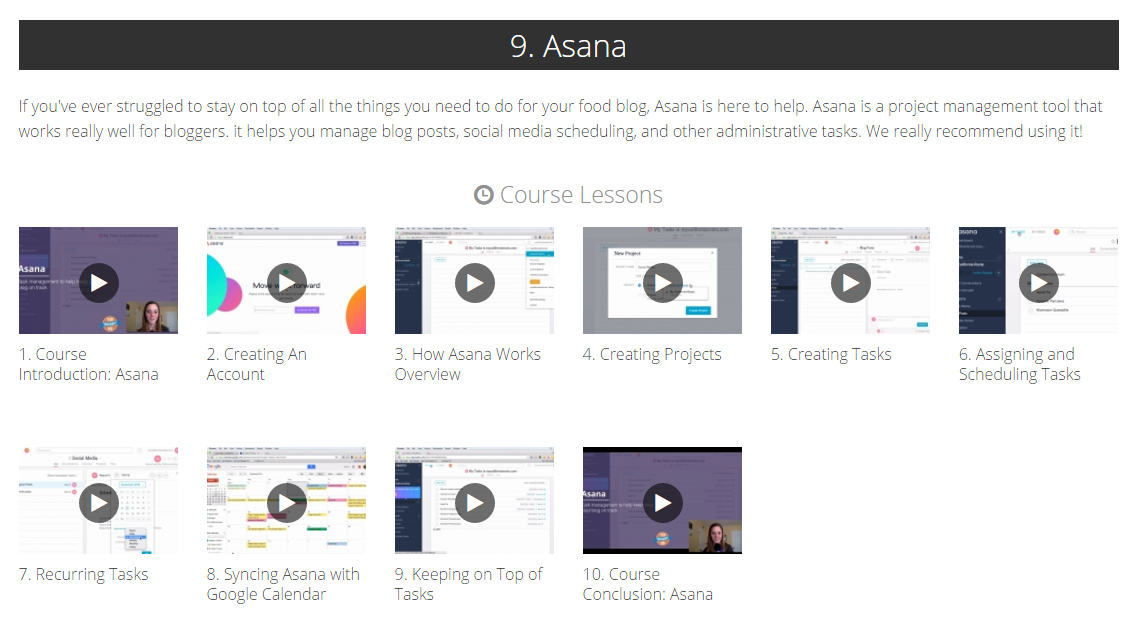 Screenshot of the Food Blogger Pro course Asana with various video clips shown