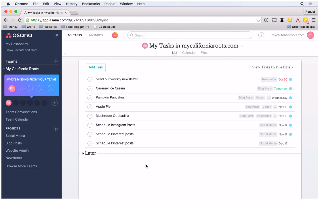 Screenshot of Asana with a page that reads 'My Tasks in mycaliforniaroots.com'