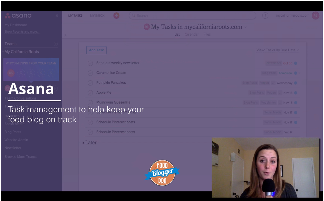 Purple background with Asana that reads 'Asana - task management to help keep your food blog on track' with Raquel Smith's face in the bottom righthand corner