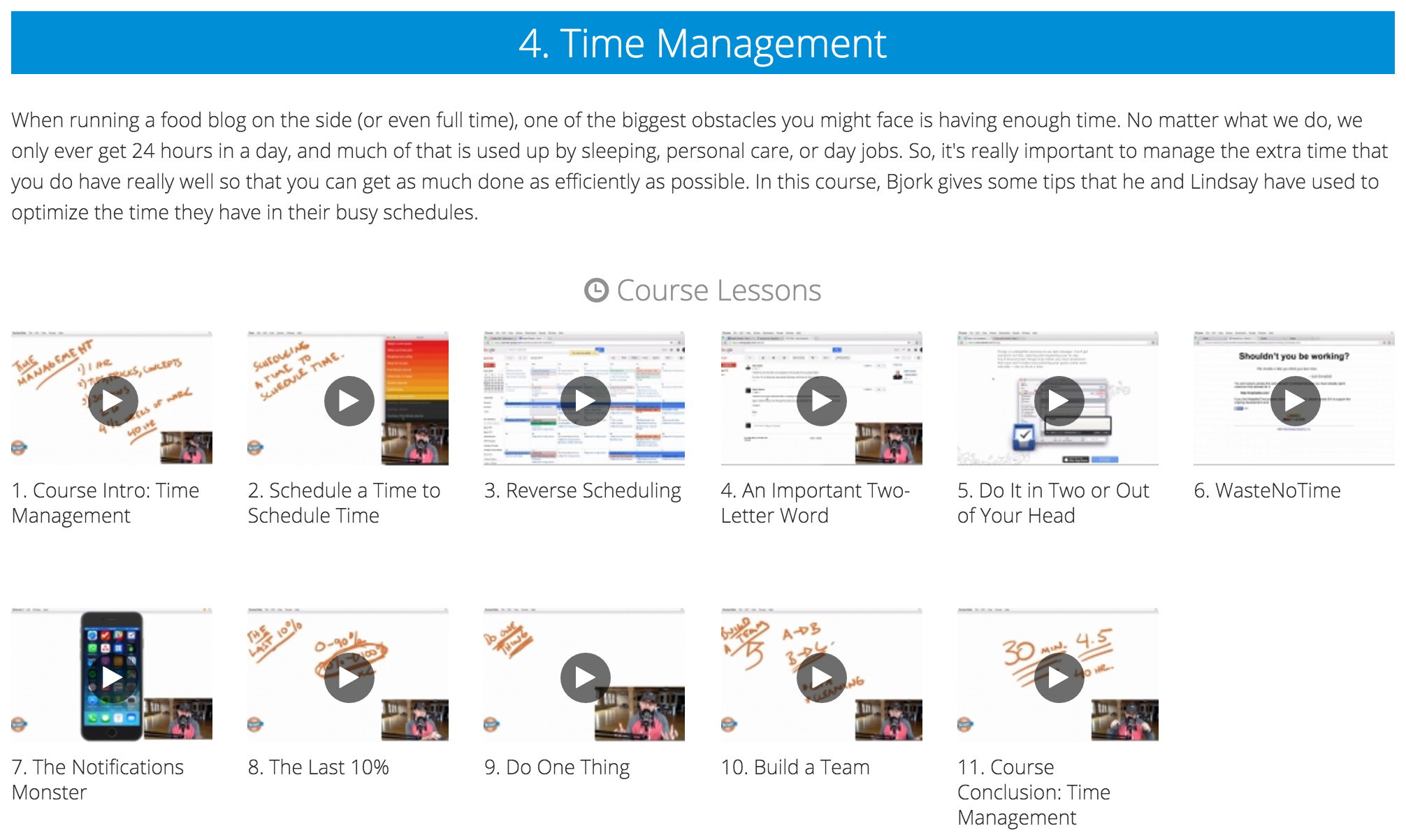 Screenshot of Time Management course on Food Blogger Pro