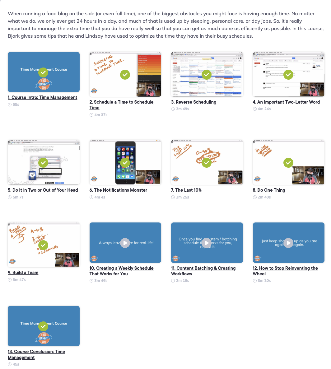 Course overview for the time management course showing the individual lessons.