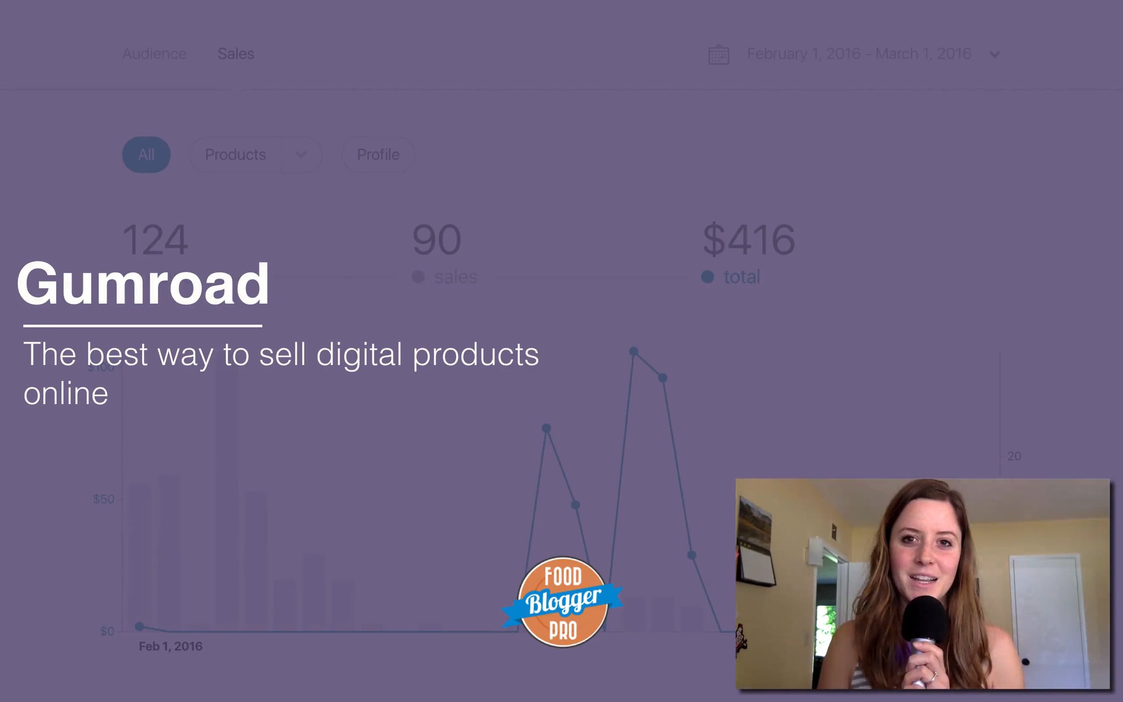 Screenshot of Gumroad with a purple background that reads 'Gumroad - The best way to sell digital products online' with Raquel Smith shown talking