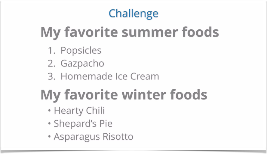 Slide that reads 'Challenge: My favorite summer foods and My favorite winter foods' with various foods listed