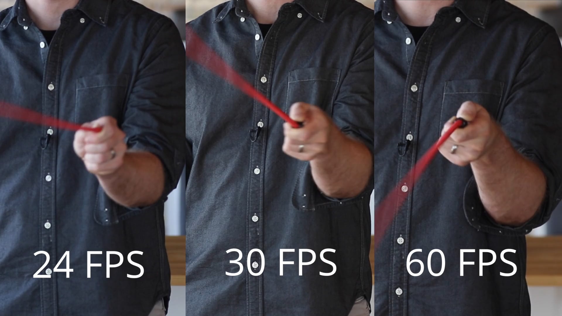 Three photos showing different variations: 24 FPS, 30 FPS, and 60 FPS