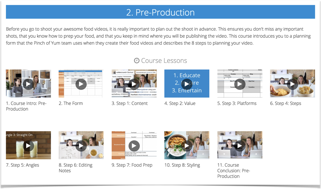 Screenshot of the Food Blogger Pro course 'Pre-Production' with various video clips shown