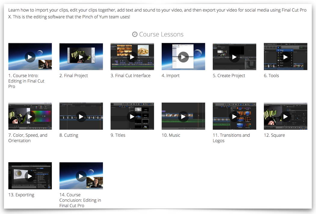 Screenshot of the Editing in Final Cut Pro X course in Food Blogger Pro with various video clips shown