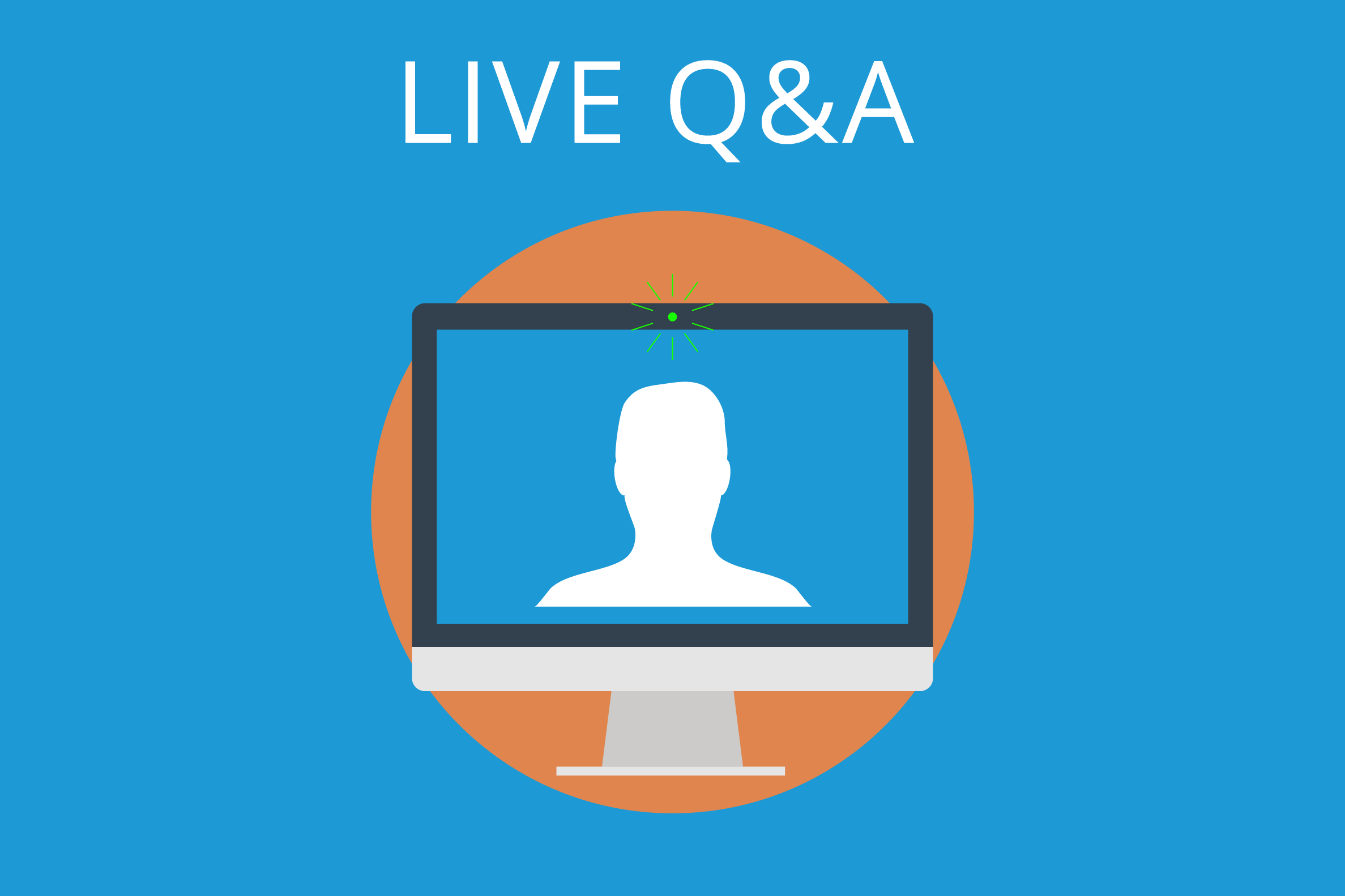 live Q&A on a blue background with a photo of a computer