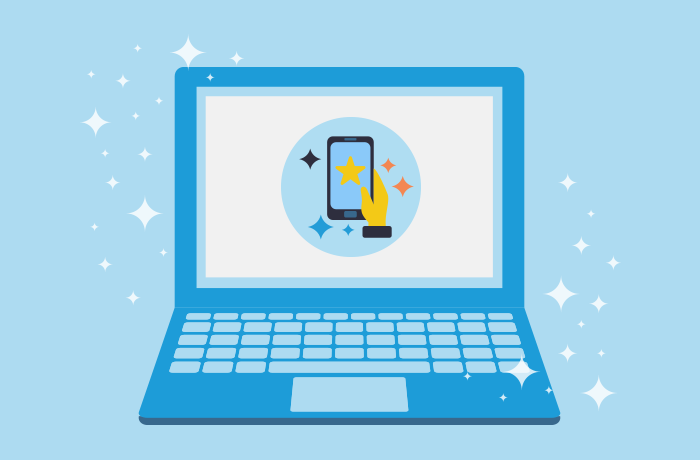 Graphic of blue laptop in front of a light blue background with a graphic of a hand holding a cell phone with stars around it on the screen