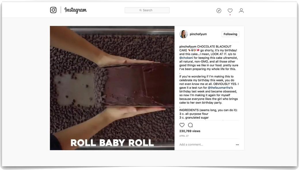 Screenshot of a cake Instagram post from Pinch of Yum