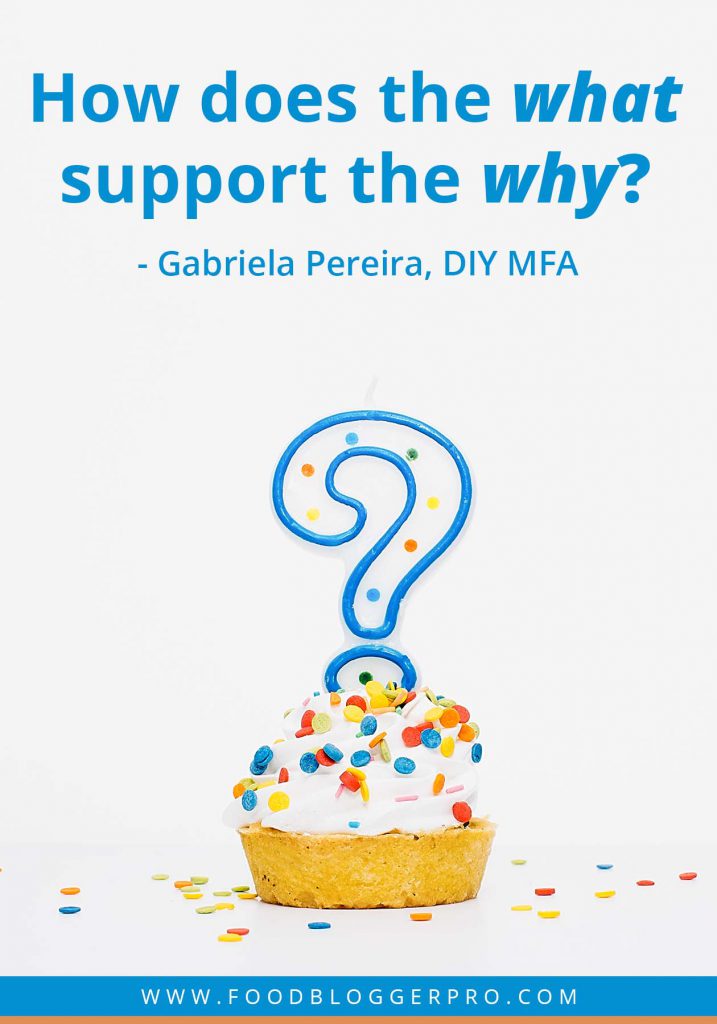 A quote from Gabriela Pereira’s appearance on the Food Blogger Pro podcast that says, 'How does the what support the why?'