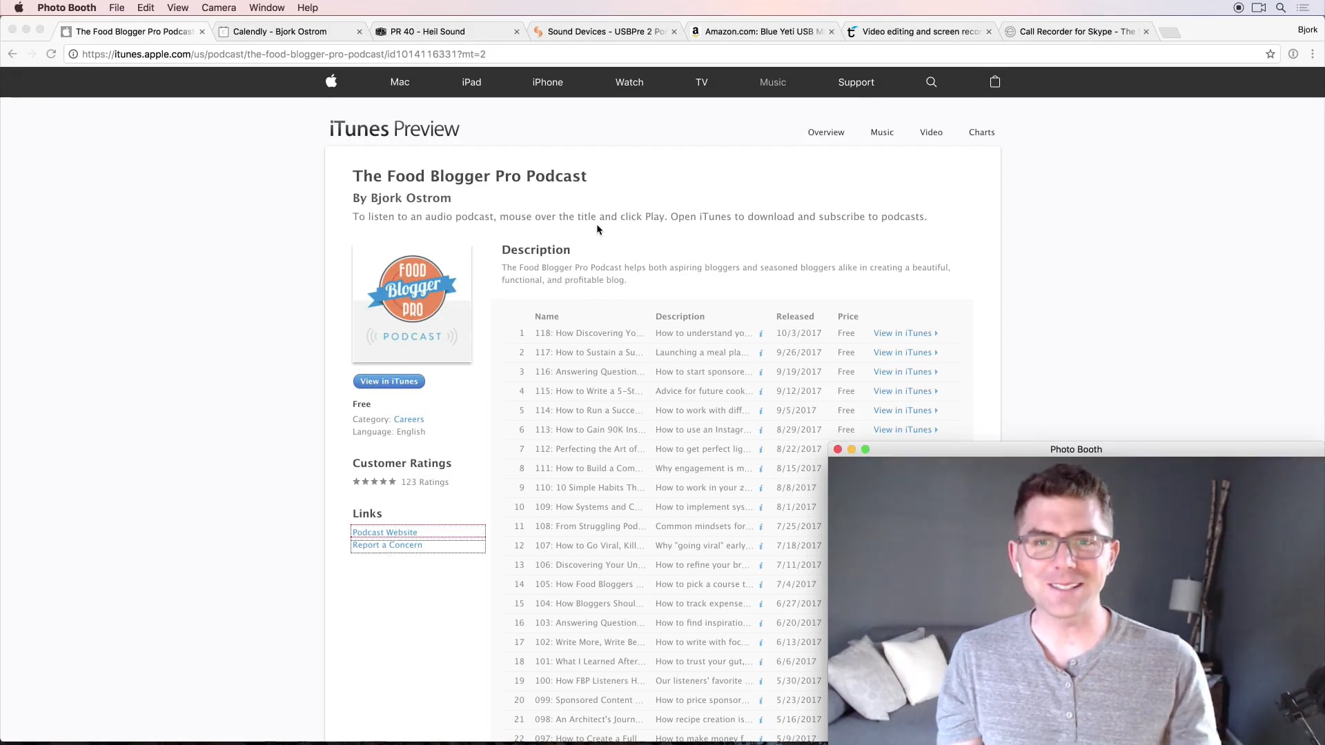 Screenshot of The Food Blogger Podcast on iTunes with Bjork Ostrom's face in the bottom righthand corner