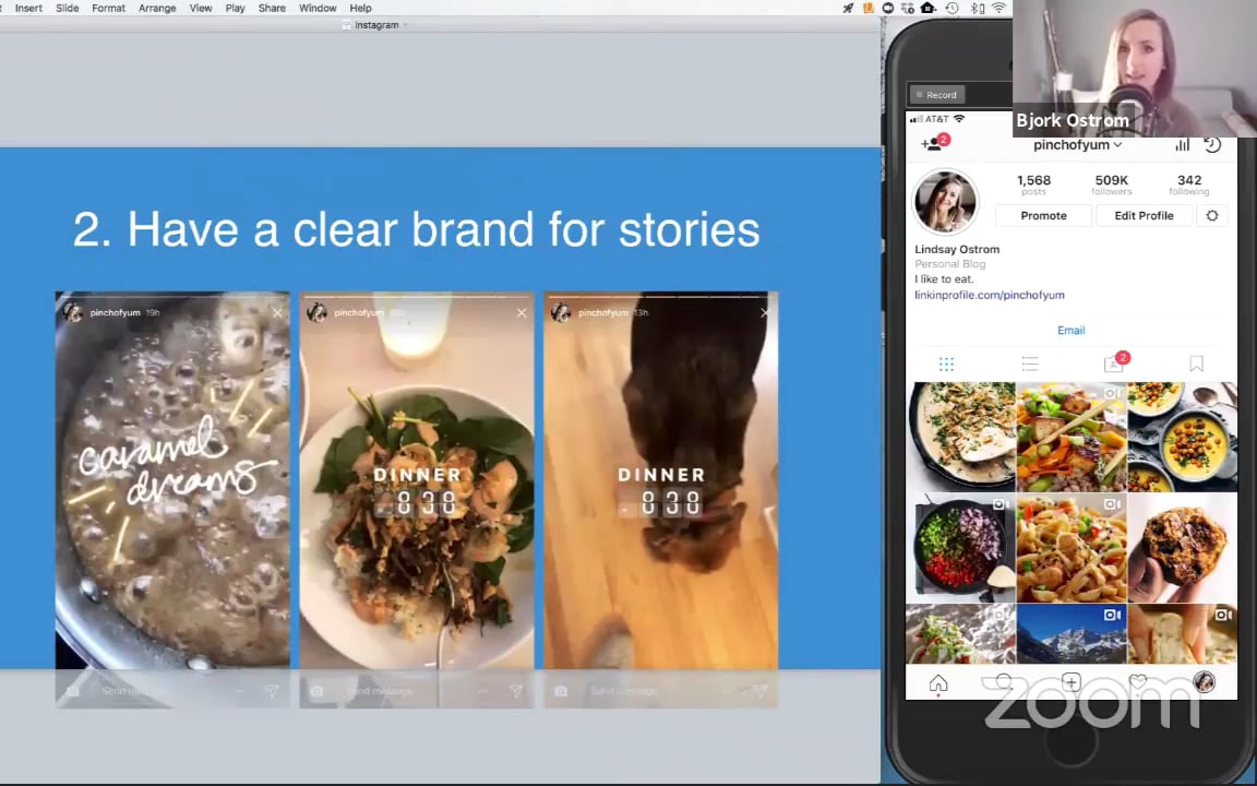 A blue slide that reads 'Have a clear brand for stories' next to a phone with the Pinch of Yum Instagram account