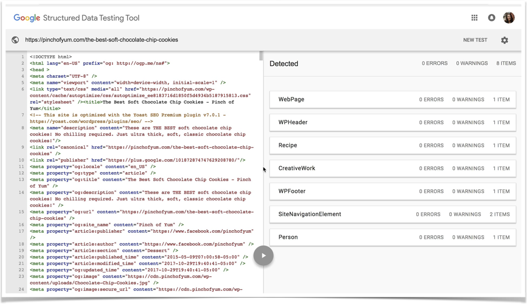 Screenshot of the Google Structured Data Testing Tool in action