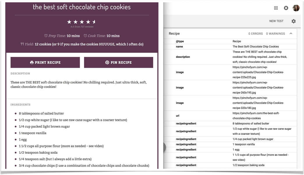 Screenshot of Pinch of Yum's 'The Best Soft Chocolate Chip Cookies Recipe' with the Structured Data Testing Tool open to the right of it