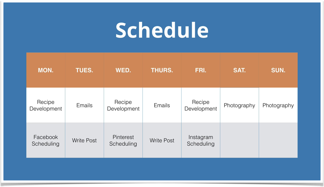 Schedule table with days of the week and various tasks listed under each day