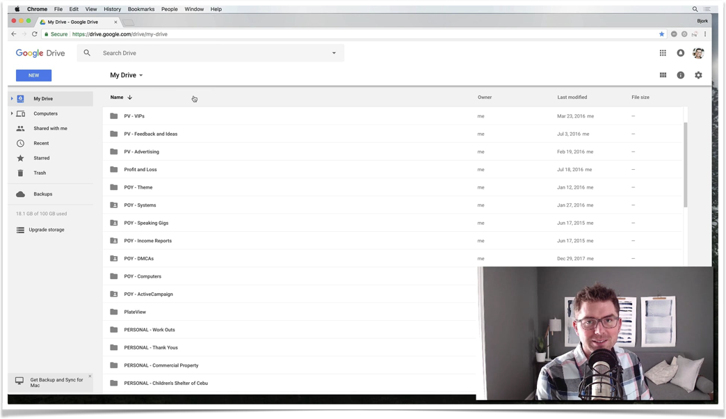 Screenshot of Google Drive with Bjork Ostrom shown talking