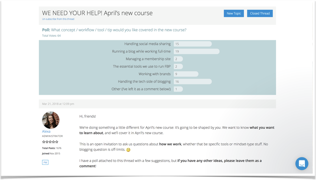 Alexa Peduzzi's post in the FBP forum titled 'WE NEED YOUR HELP! April's new course'
