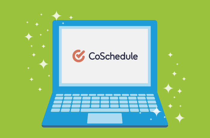 Graphic of blue laptop in front of a green background with the CoSchedule logo on the screen