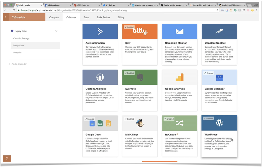 Screenshot of CoSchedule showing the various possible integrations
