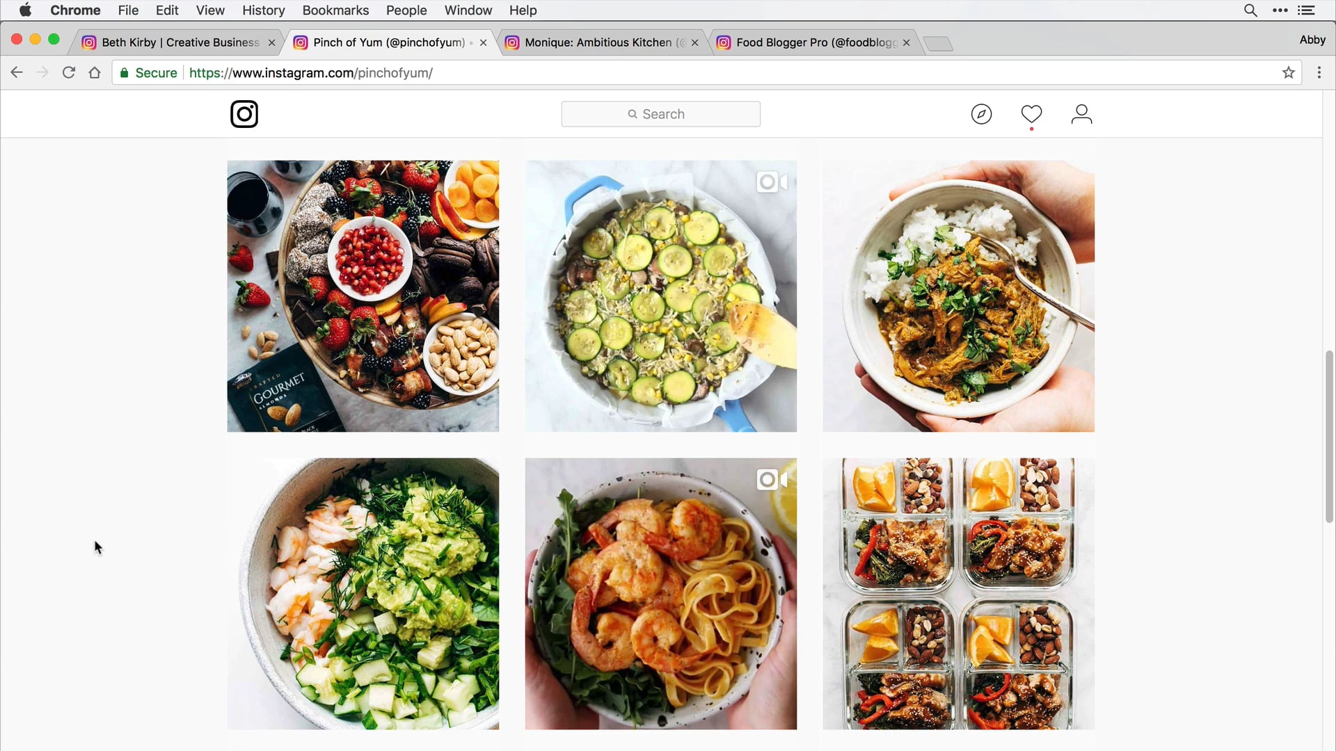 Screenshot of Pinch of Yum's Instagram account with six images of food shown