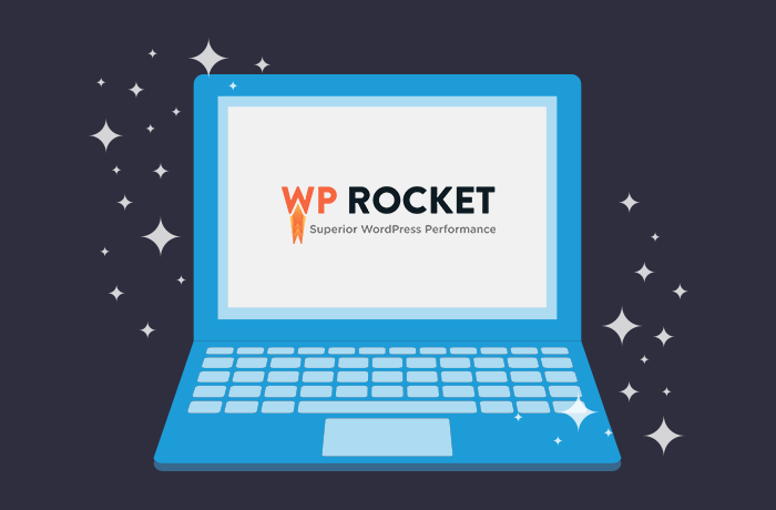 Graphic of blue laptop in front of a dark blue background with the WP Rocket logo on the screen