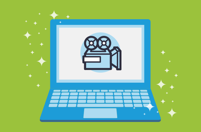 a picture of a computer with a film camera icon on the screen against a green background