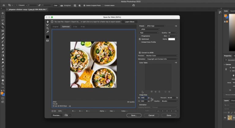 Screenshot of exporting a photo in Photoshop