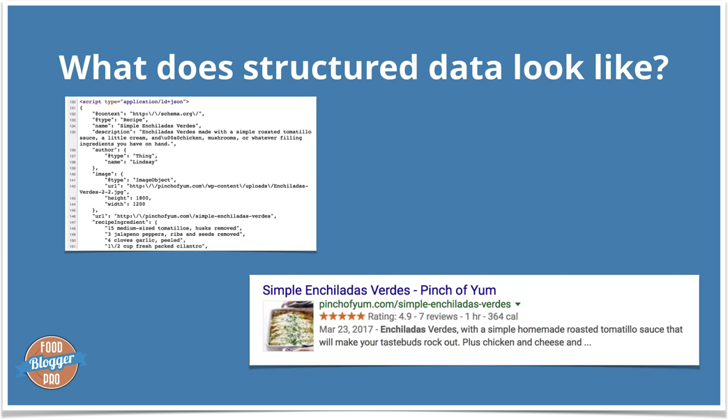 Blue slide that reads 'What does structured data look like?' with a screenshot of the Simple Enchiladas Verdes recipe result on Google