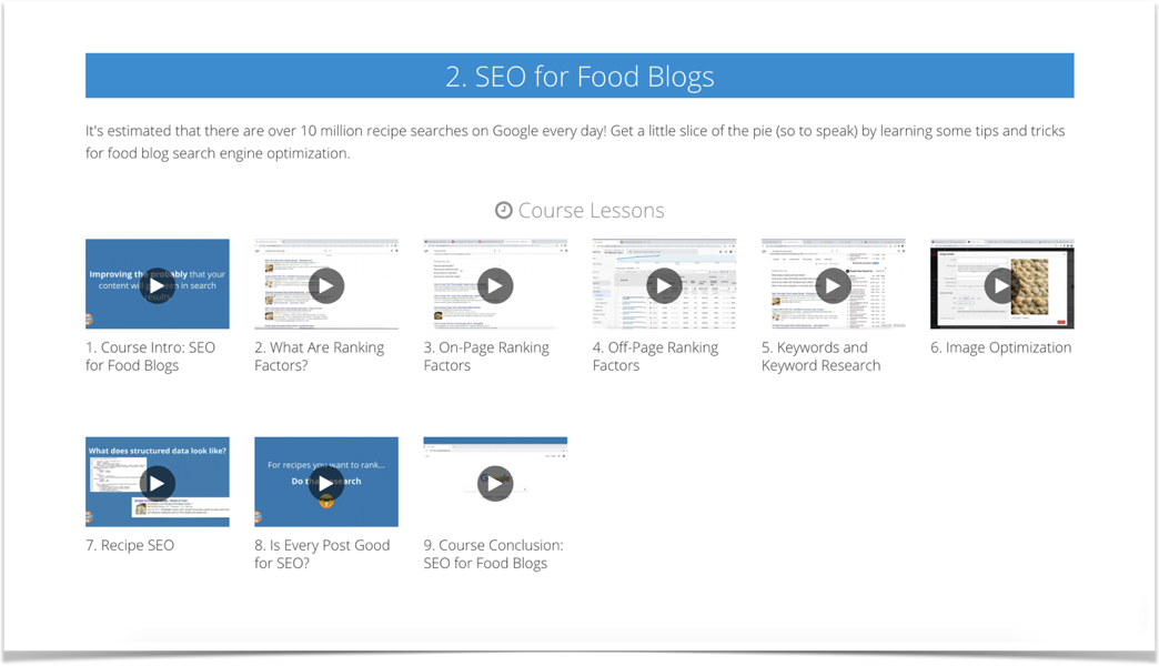 Screenshot of the SEO for Food Blogs course on Food Blogger Pro with various video clips shown