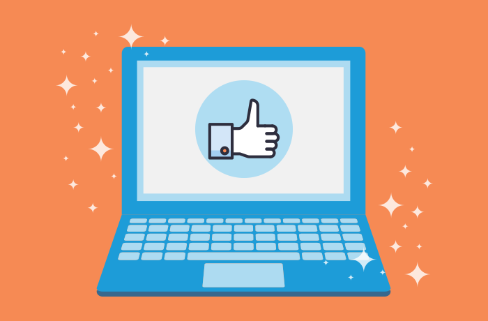 a picture of a computer with a "like" button on the screen against an orange background