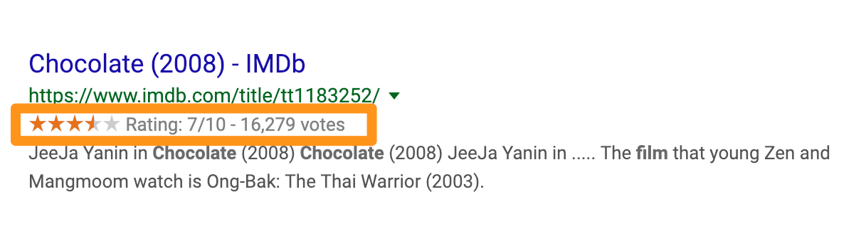 Google search result for Chocolate movie with the rating outlined in orange