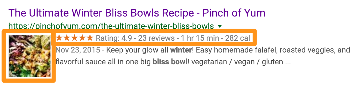Google search result for Pinch of Yum's 'The Ultimate Winter Bliss Bowls Recipe' with the rating, total time, and calories outlined in orange