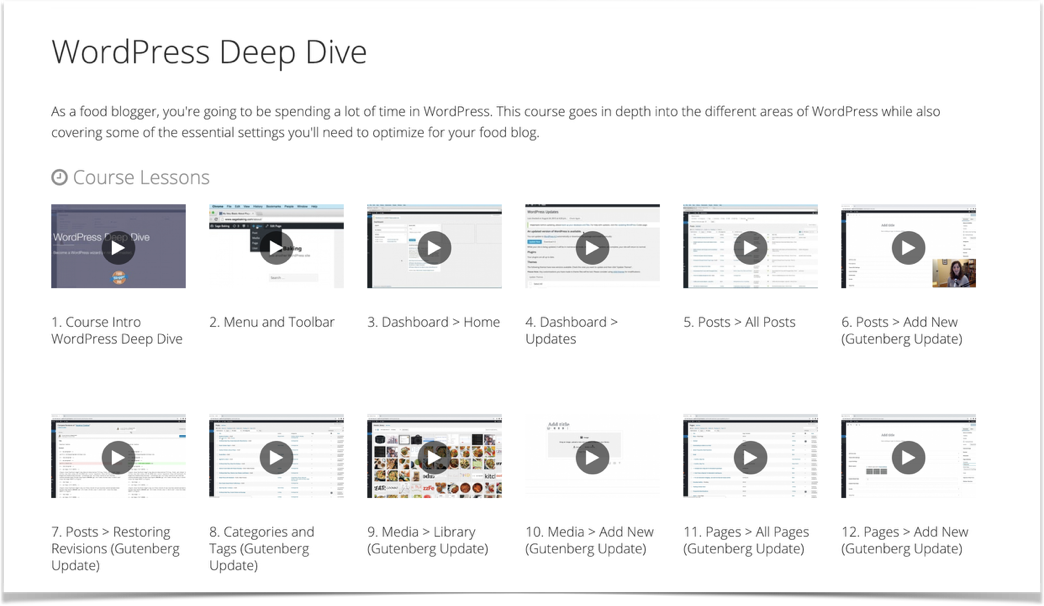 Screenshot of the Food Blogger Pro course WordPress Deep Dive that has various video clips
