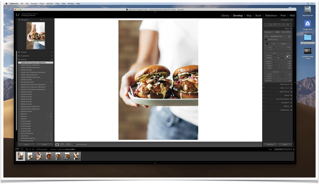 Photo of burgers being edited in Lightroom