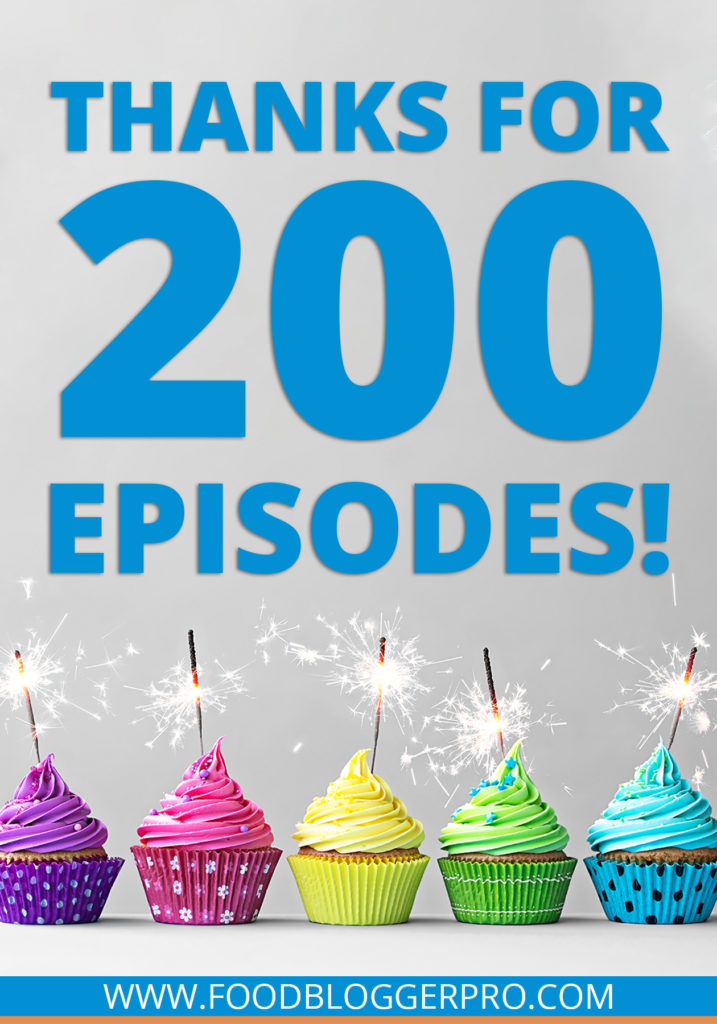 A photo of cupcakes with candles and the text, 'Thanks for 200 episodes!'