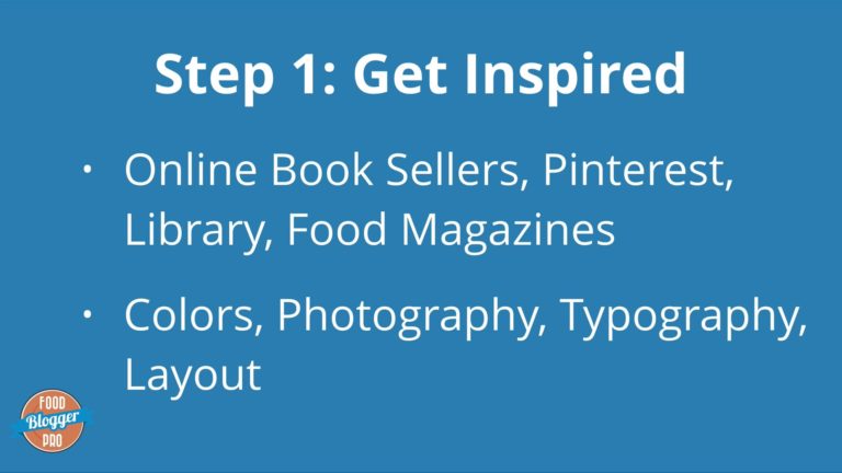 A blue slide that says, 'Step 1: Get Inspired' and has ways that you can get inspired for your ebook design