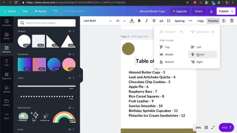 Designing a Table of Contents on Canva