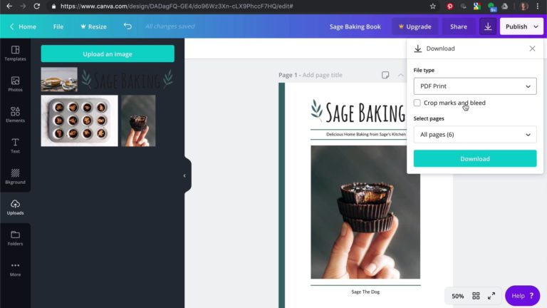 The exporting menu on Canva