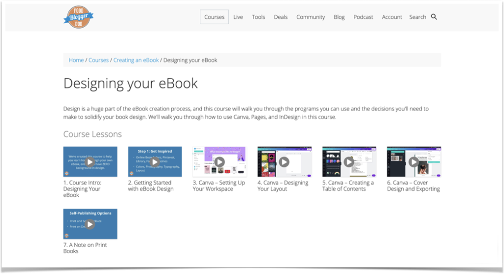 A list of videos in Food Blogger Pro's Designing your eBook course