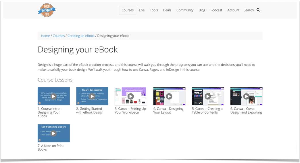 A list of videos in Food Blogger Pro's Designing your eBook course