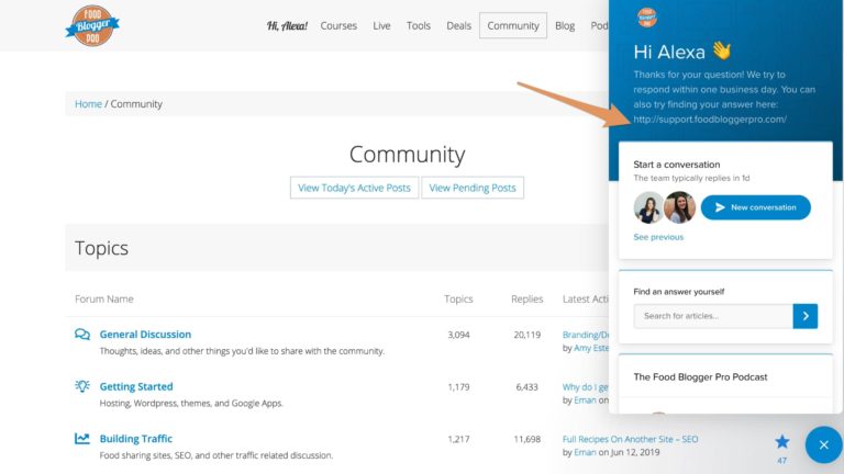 The Food Blogger Pro Community Forum with an Intercom pop-up