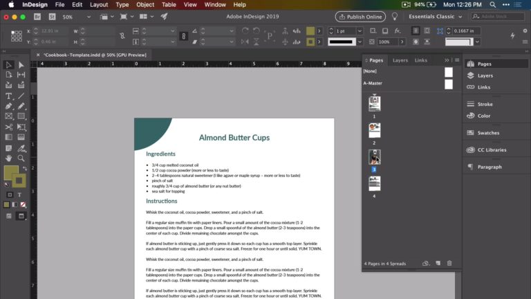 Adding full page photos and moving pages around using Adobe InDesign as part of Food Blogger Pro's Designing Your eBook course