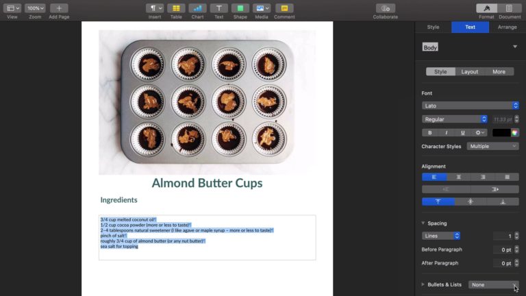 Pages template for Almond Butter Cups as part of the Food Blogger Pro's Designing Your eBook course