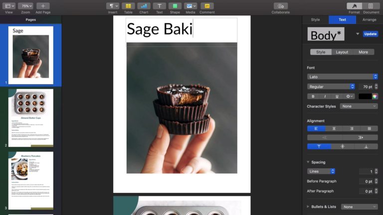 Typing "Sage Baking" on the cover on an eBook as part of Food Blogger Pro's Designing Your eBook course