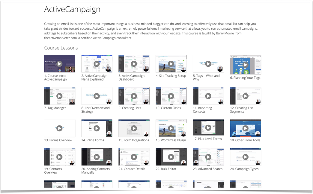 ActiveCampaign course video thumbnails and names on Food Blogger Pro