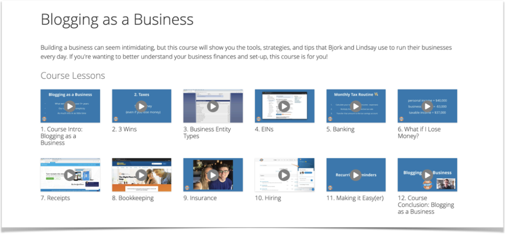 the Blogging as a Business course lessons on Food Blogger Pro