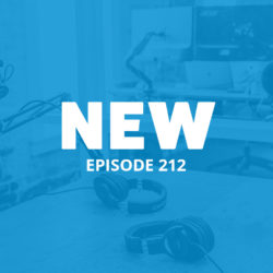 An image of podcasting equipment with a blue overlay and the title of the 212 episode on the Food Blogger Pro Podcast, 'New.'
