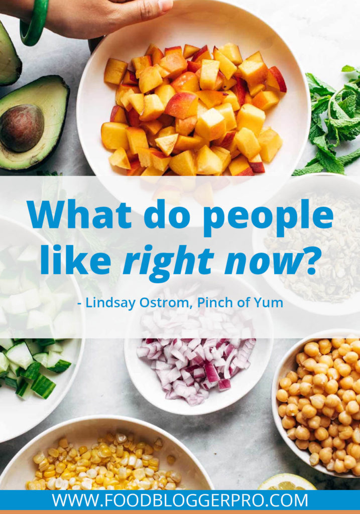 A quote from Lindsay Ostrom’s appearance on the Food Blogger Pro podcast that says, 'What do people like right now?'